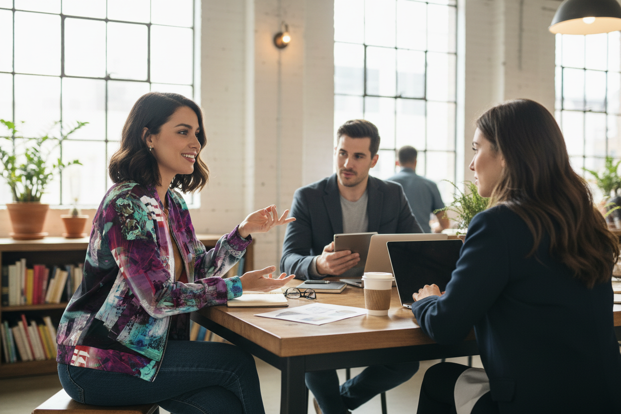 Modelo femenina en reunión de trabajo