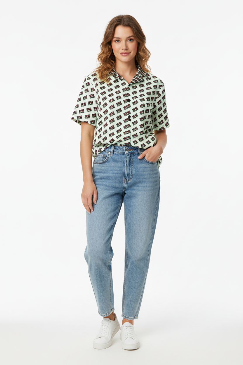 Modelo femenino con camisa de polaroids