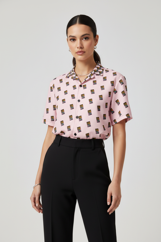 Modelo femenino elegante con camisa rosa