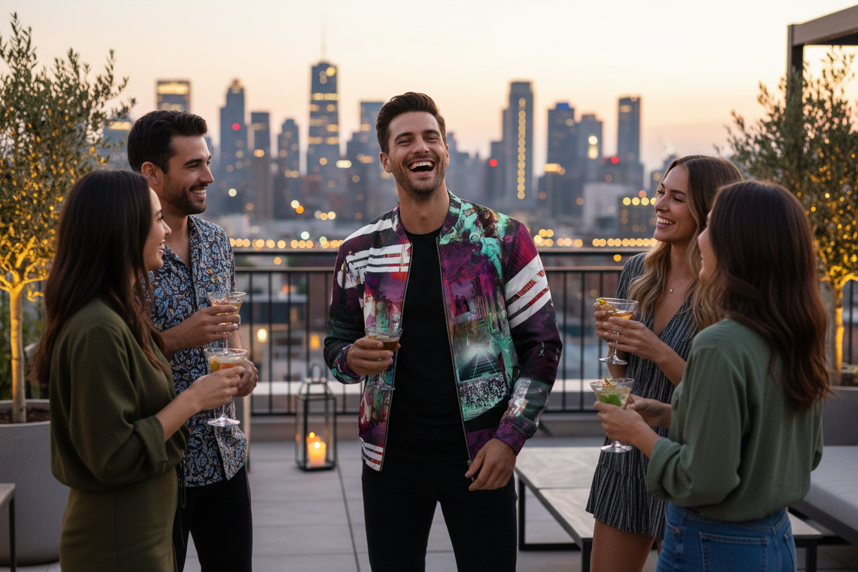 Modelo masculino con amigos