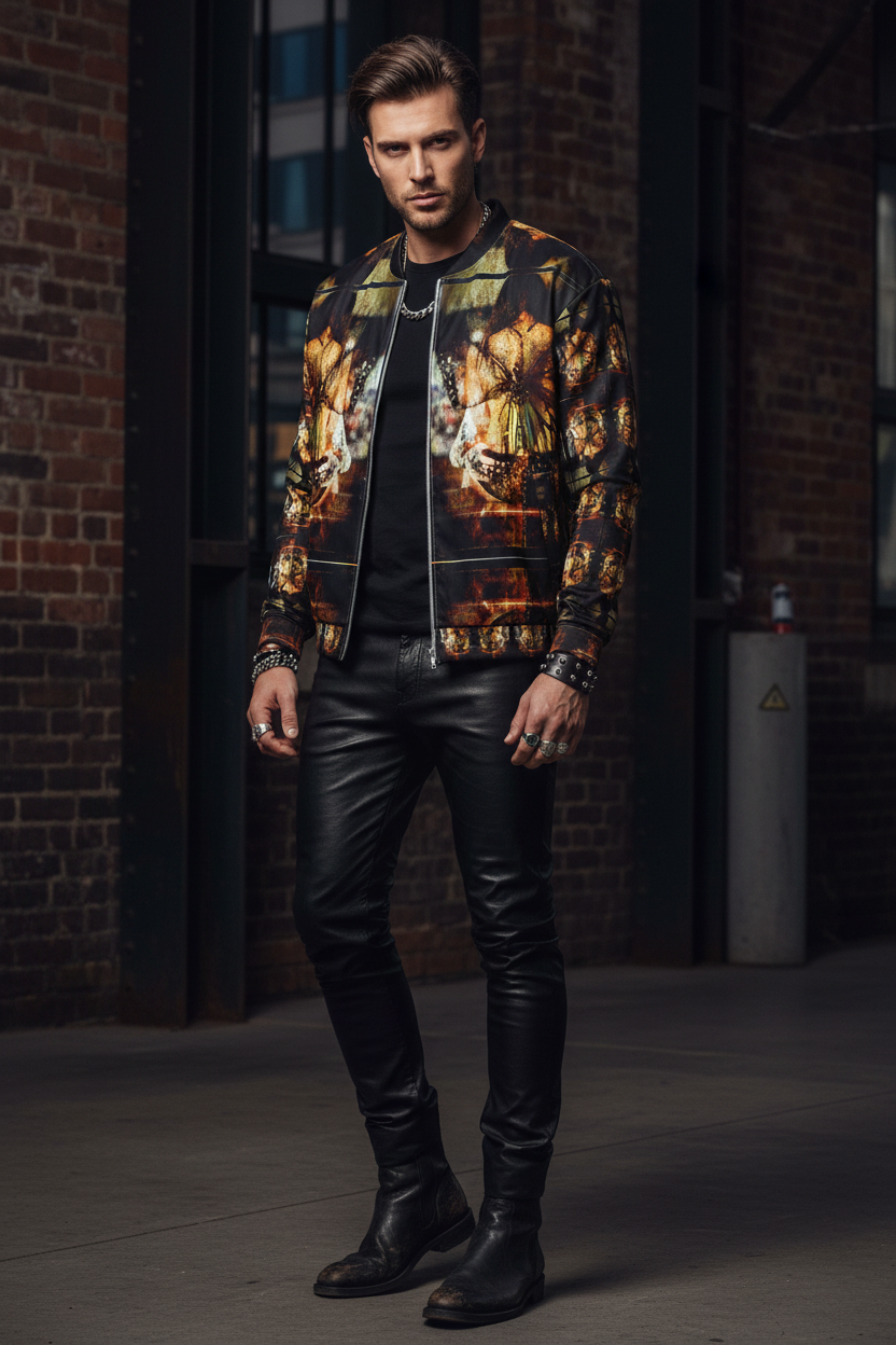 Modelo masculino con estilo rock sofisticado usando bomber jacket