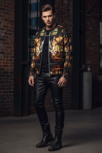 Modelo masculino con estilo rock sofisticado usando bomber jacket