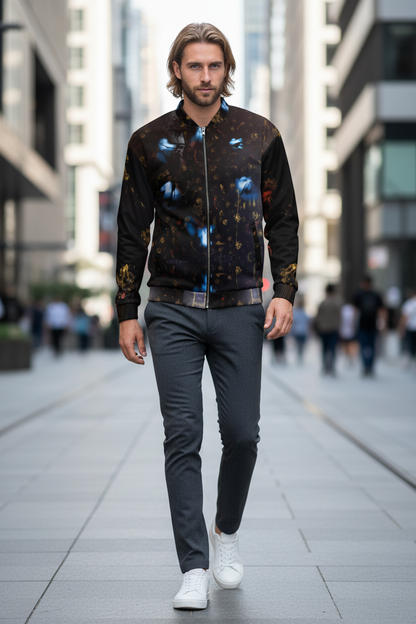 Modelo nórdico con bomber jacket en la ciudad