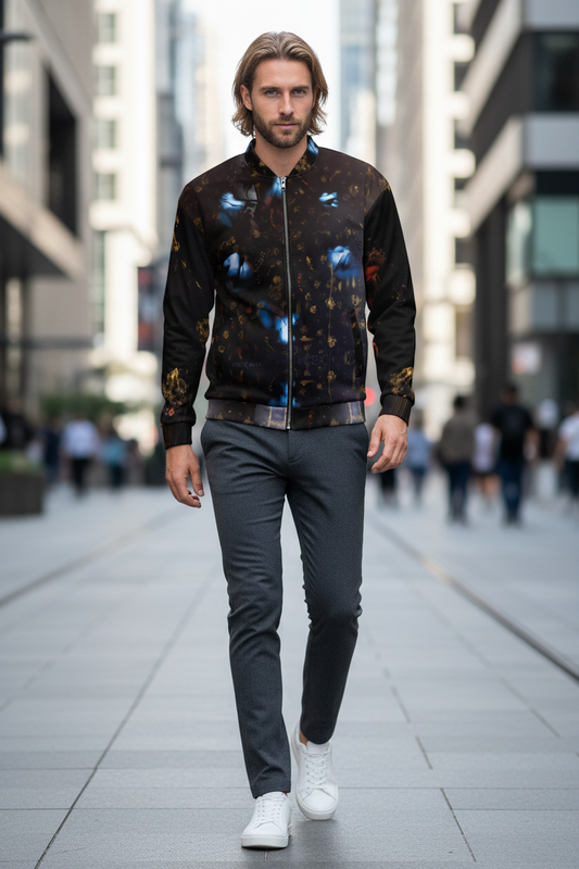 Modelo nórdico con bomber jacket en la ciudad