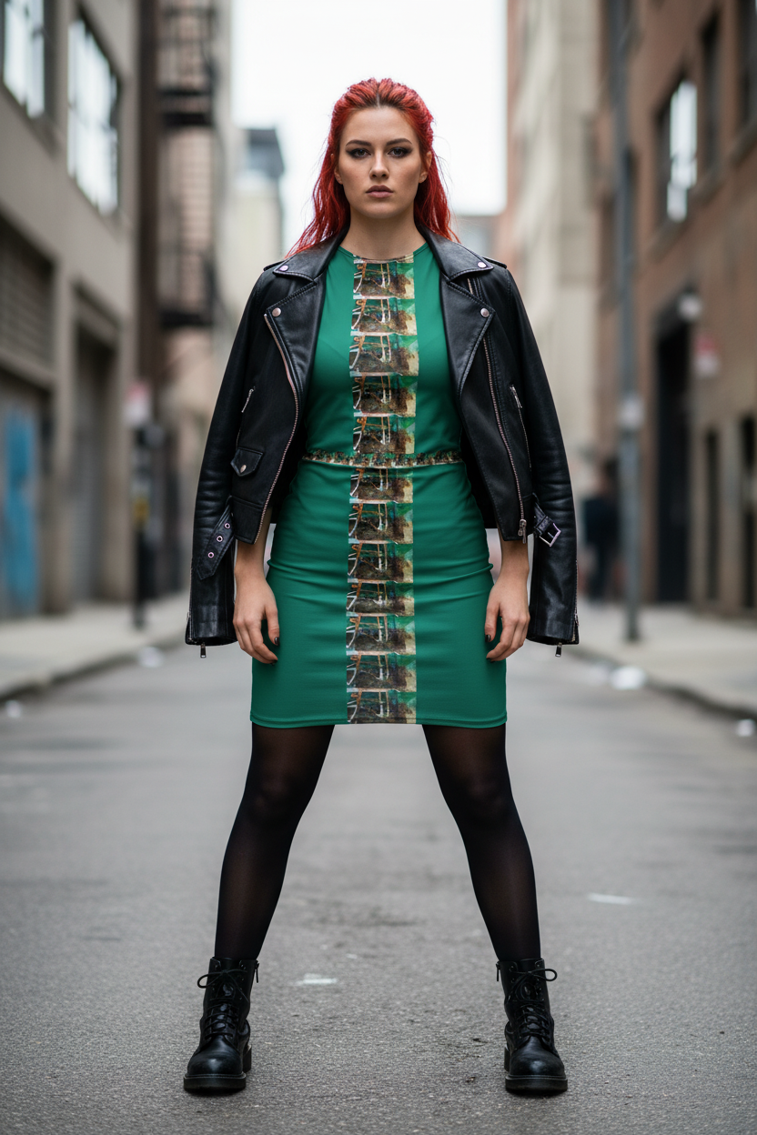Modelo pelirroja con vestido, borsegos y campera de cuero