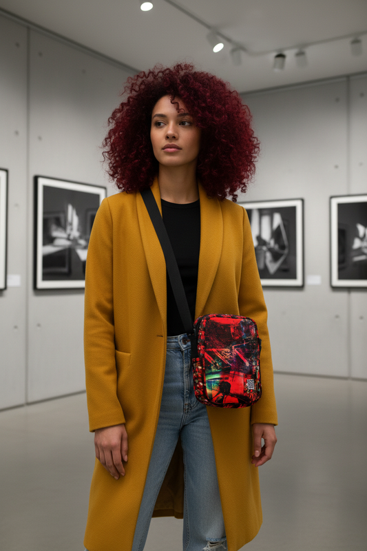 Modelo pelirroja en galería fotográfica con bolso proporcionado