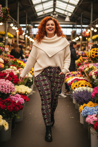 Modelo pelirroja en mercado de flores