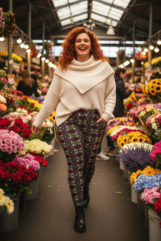 Modelo pelirroja en mercado de flores
