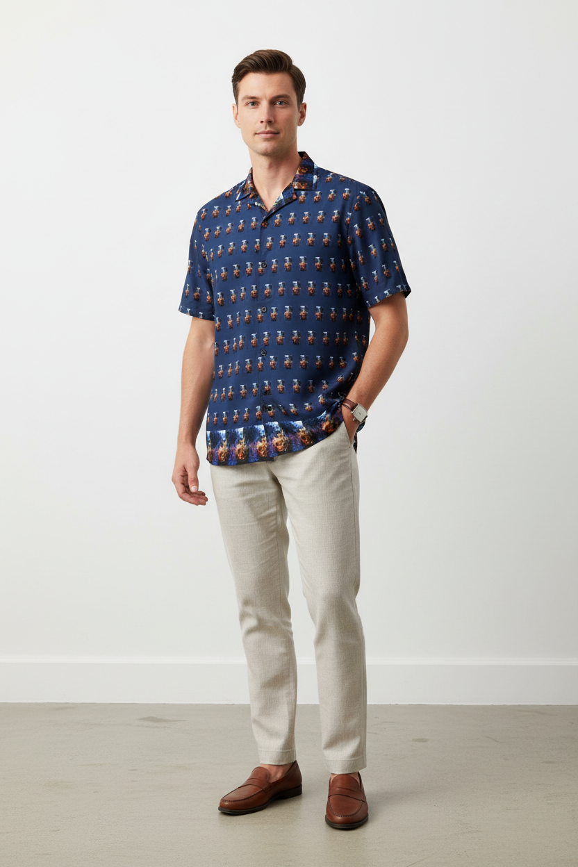 Modelo preppy con camisa azul marino