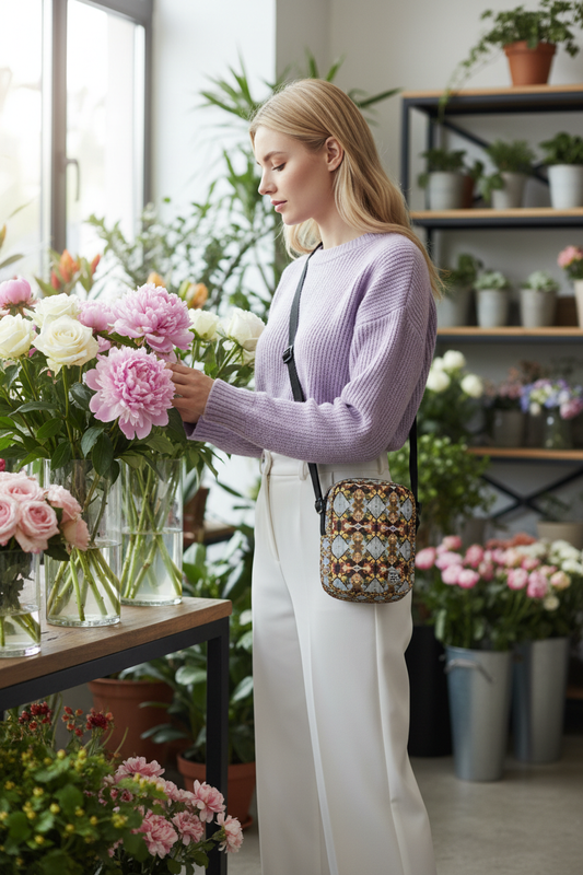 Modelo rubia en floristería con bolso a escala
