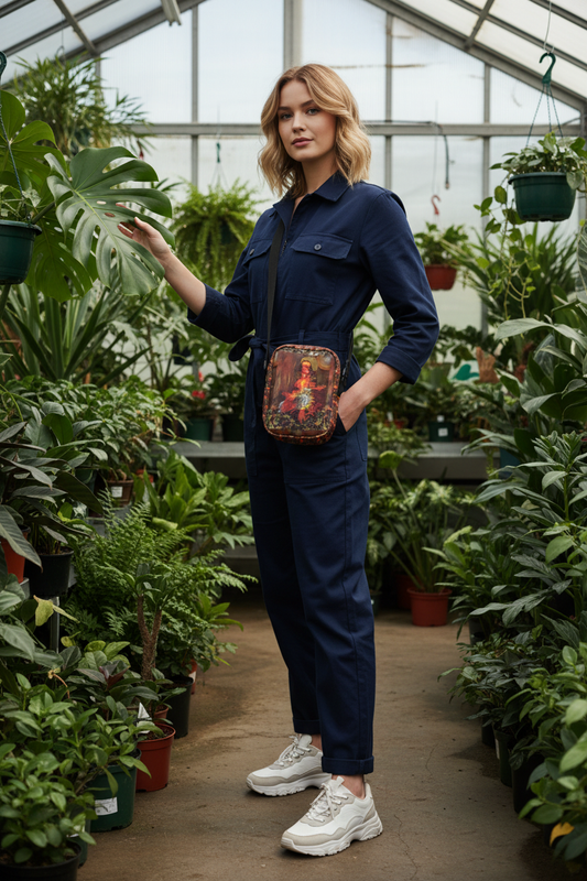 Modelo rubia en vivero con bolso visible