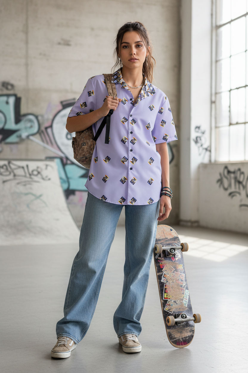 Modelo skater alternativa con camisa lila