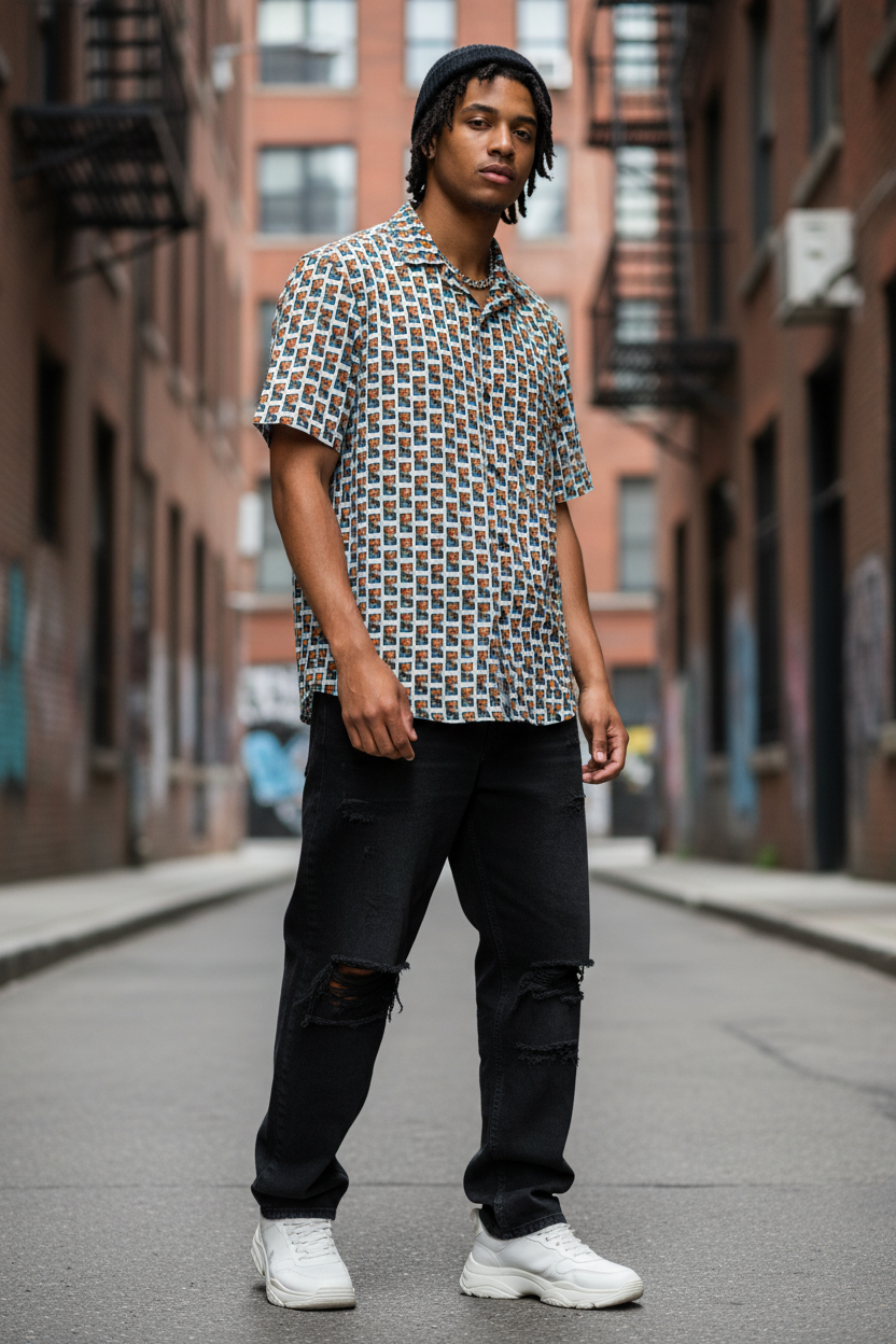 Modelo streetwear con camisa multicolor