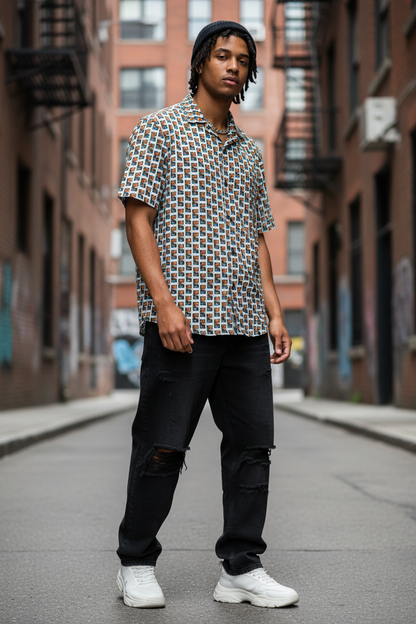 Modelo streetwear con camisa multicolor