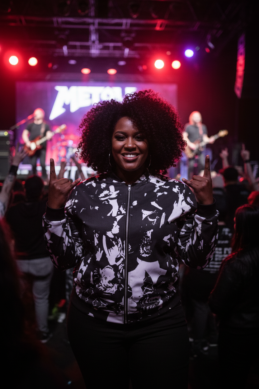 Mujer Black plus-size en concierto metal