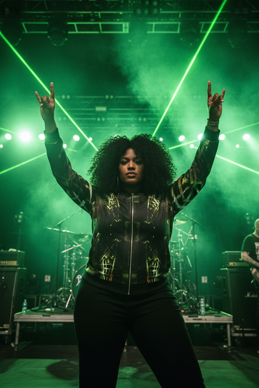 Mujer Black plus-size en concierto metal