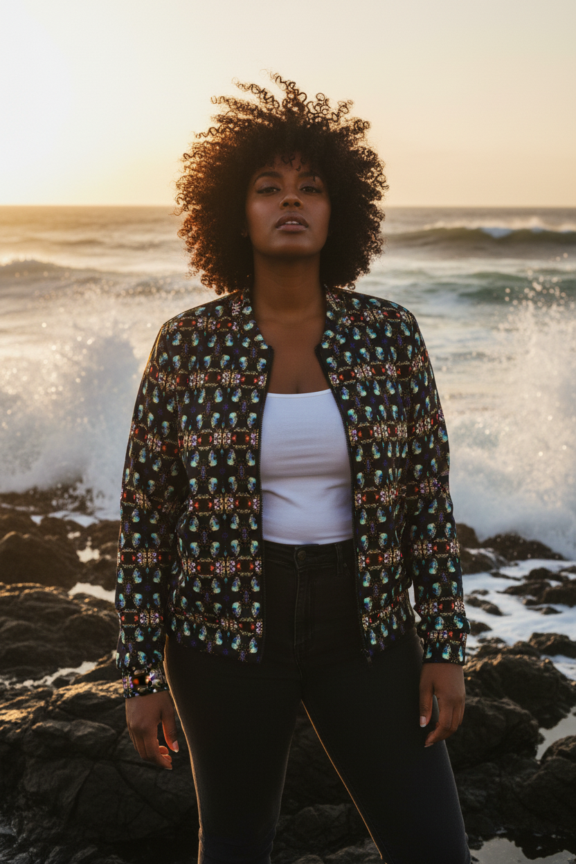 Mujer Black plus-size en costa rocosa