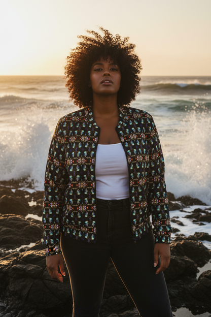 Mujer Black plus-size en costa rocosa
