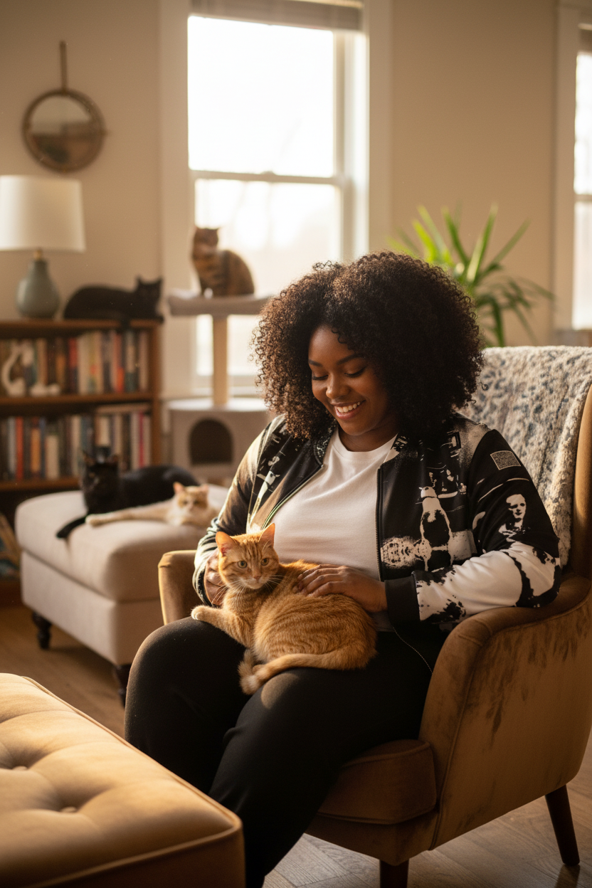 Mujer Black plus-size rodeada de gatos