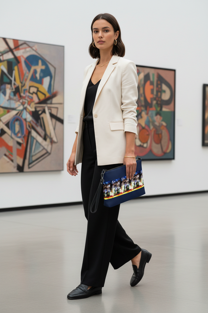 Mujer con clutch en galería