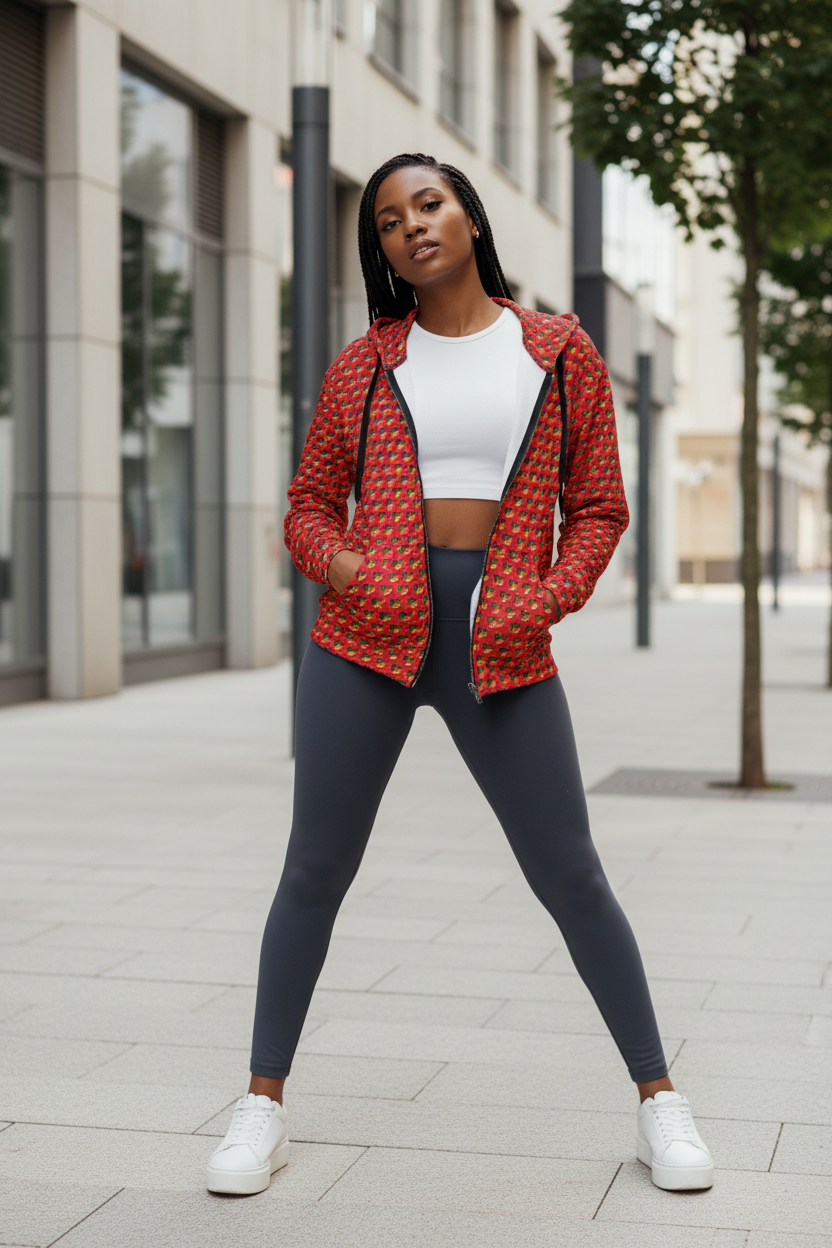 Mujer fashionista con hoodie rojo en entorno moderno