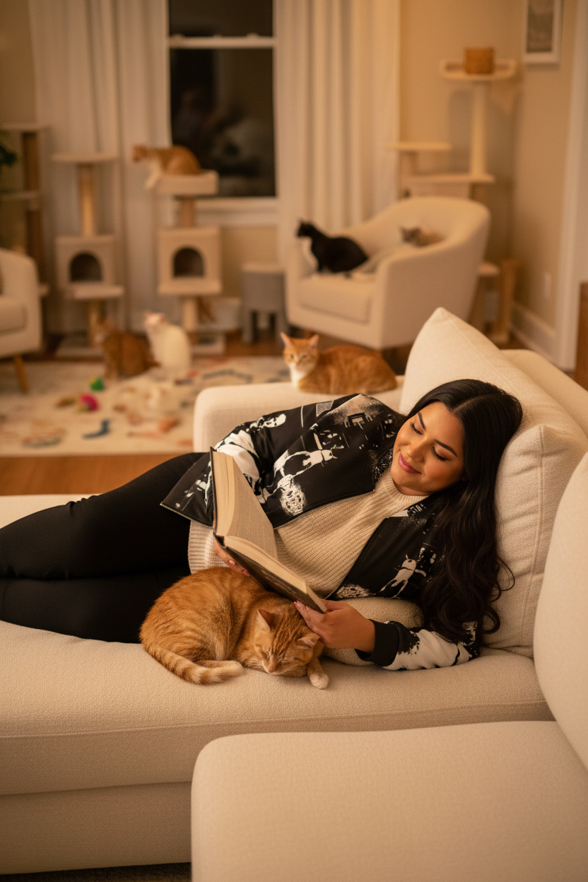 Mujer latina plus-size leyendo con gato