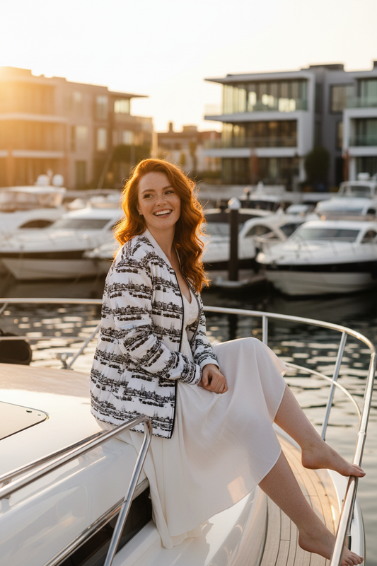 Mujer pelirroja en borde de yate