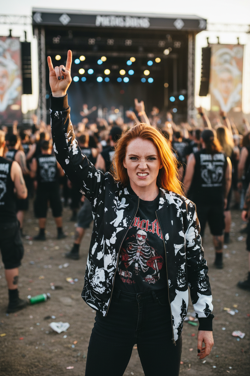 Mujer pelirroja en festival metal