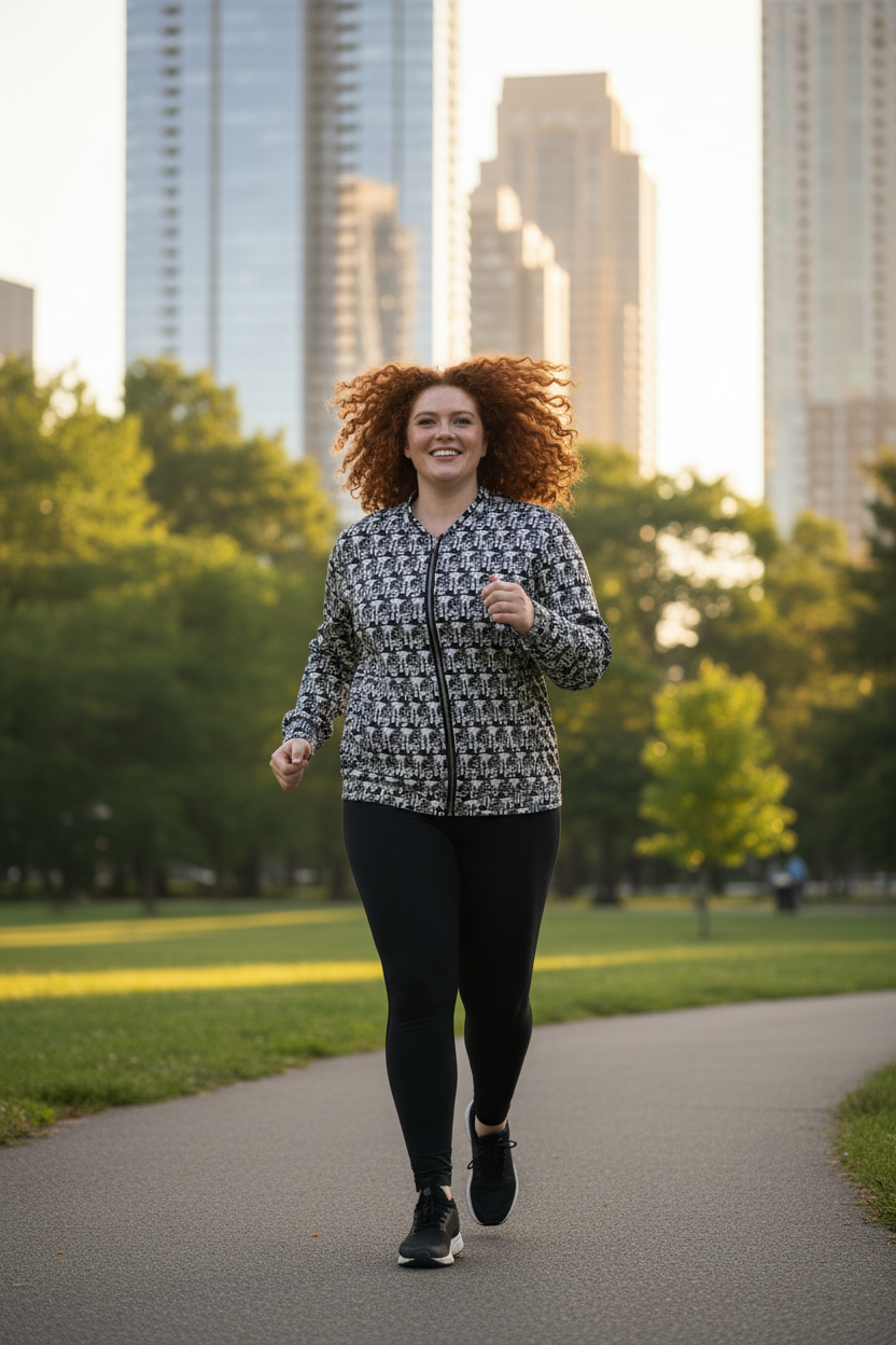 Mujer pelirroja plus-size corriendo