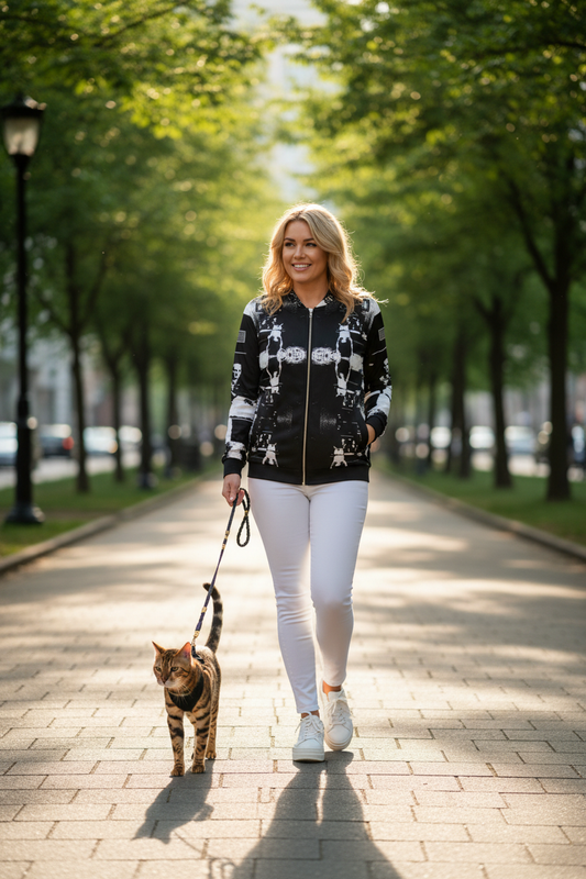 Mujer rubia paseando gato Bengal