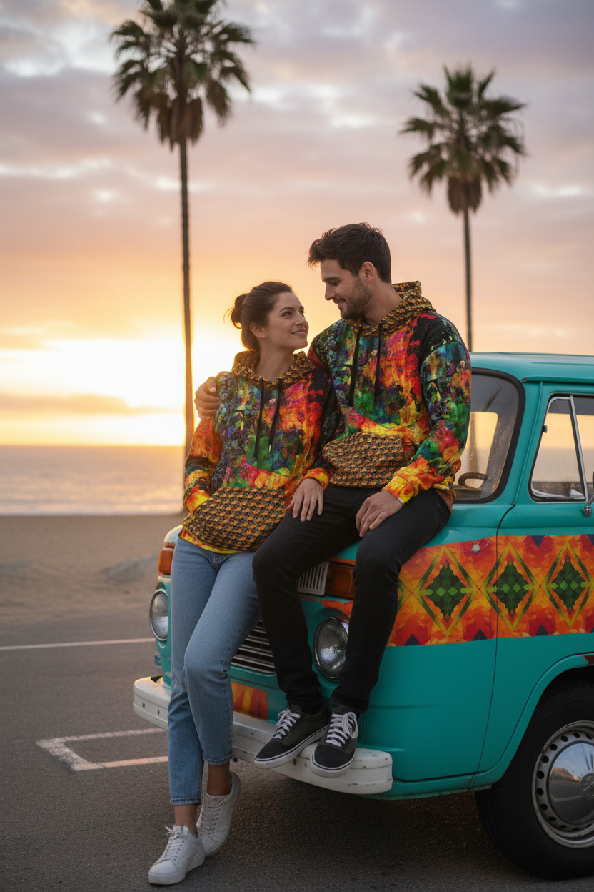 Pareja en van vintage al atardecer