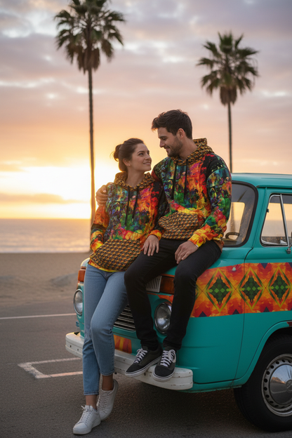 Pareja en van vintage al atardecer