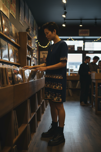 Persona andrógina en tienda de vinilos