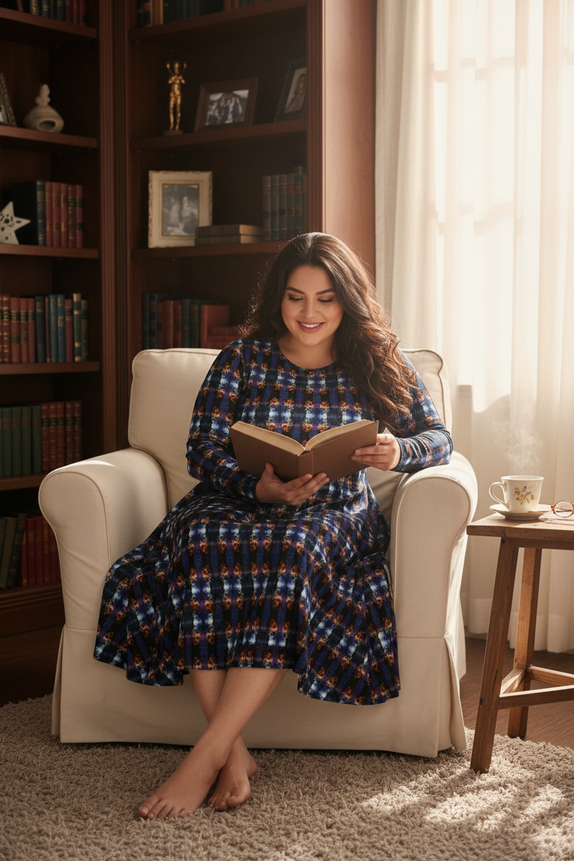 Vestido azul-naranja - Curvy leyendo