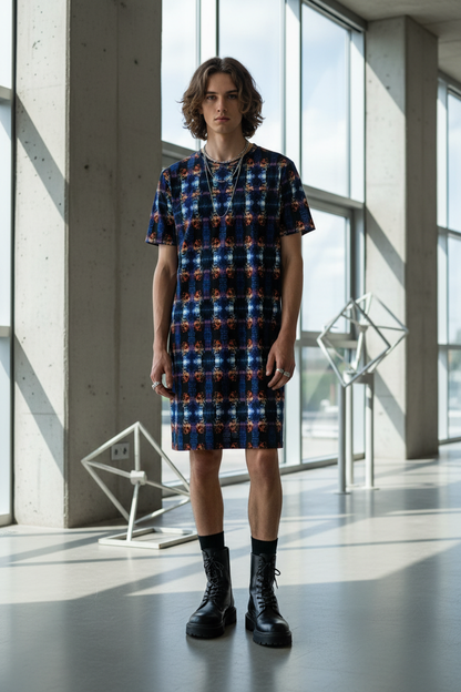 Vestido azul-naranja - Hombre con botas